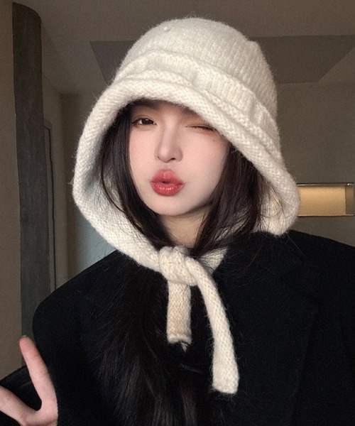 ニット帽 ニットキャップ 4色展開 紐付き フードマフラー レディース