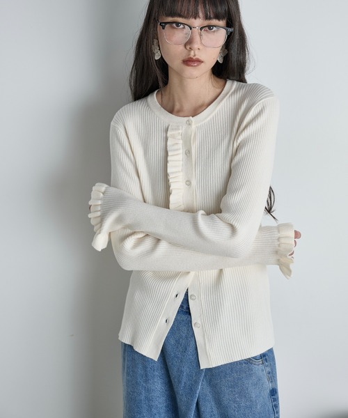 美品☆近年モデル☆ ANAYI アナイ フリル リブニット カーディガン グレー THE Yon カーディガン フリルデザインリブニットカーディガン