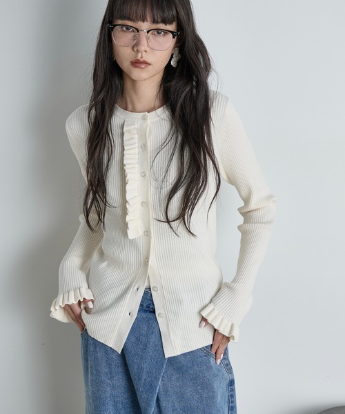 THE Yon カーディガン フリルデザインリブニットカーディガン