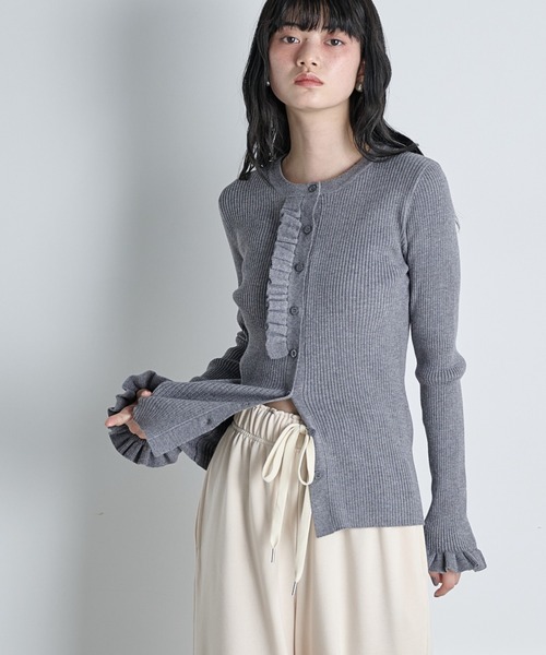 美品☆近年モデル☆ ANAYI アナイ フリル リブニット カーディガン グレー THE Yon カーディガン フリルデザインリブニットカーディガン