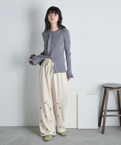 美品☆近年モデル☆ ANAYI アナイ フリル リブニット カーディガン グレー THE Yon カーディガン フリルデザインリブニットカーディガン