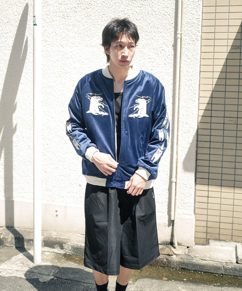 HOUSTON スカジャン 青/白 Lサイズ HOUSTON（ヒューストン） 別珍 スカジャン アラスカ スーベニア