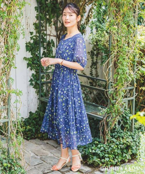 Moi-même-Moitié 花柄 半袖 ワンピース ブルー系 ITS'DEMO（イッツデモ） ワンピース 半袖 「ITS'DEMO × HIBIYA−KADAN