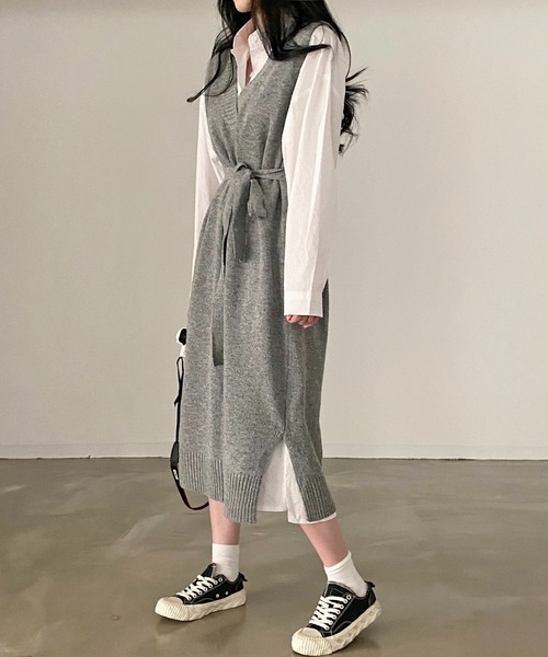 セットアップ ワンピース ブラウス フリル ロング ニットベスト Girly Doll セットアップ ロングニットベスト＆シャツワンピース