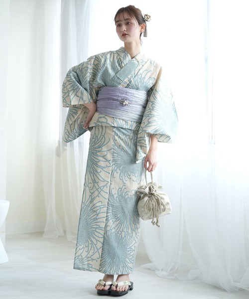 浴衣 手染め注染浴衣3点セット utatane×注染工房 先染めベージュに水色の糸菊 レディース_2