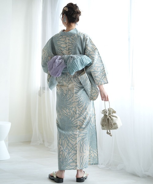 浴衣 手染め注染浴衣3点セット utatane×注染工房 先染めベージュに水色の糸菊 レディース_4