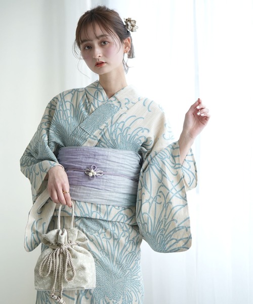 浴衣 手染め注染浴衣3点セット utatane×注染工房 先染めベージュに水色の糸菊 レディース_5