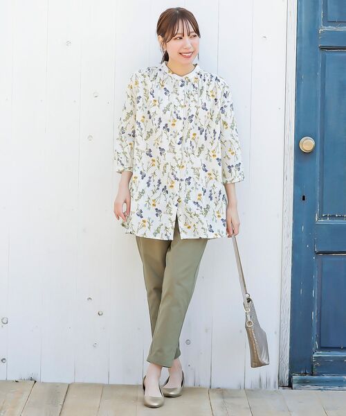 r・p・s ブラウス シャツ 花柄スラブバンドカラー7分袖ブラウス