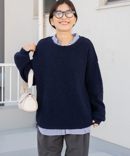 【STAUD】 新品：リブ編みコットン混 セーター ストライプ URBAN RESEARCH DOORS ニット セーター コットンスラブKNIT
