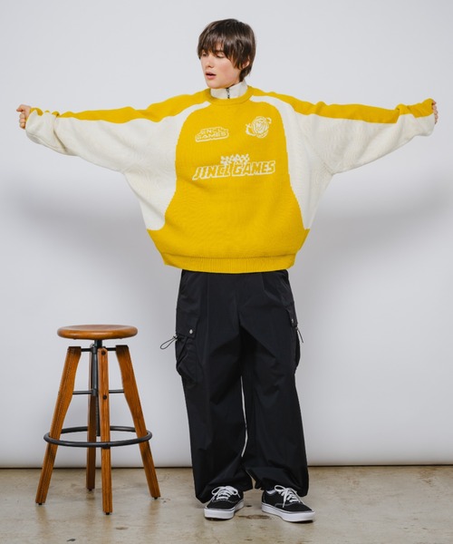 Resurrection☆ロゴジャガードモックネックニットメンズLベージュ×黄 JINCL（ジンクル） セーター ニット ジャガードゲームニット メンズ