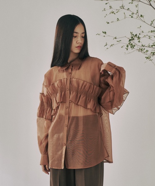 新品タグ付き M'S GRACY フリルセミシアーブラウス パフスリーブ 38 moi tytto ブラウス シャツ シアーフリルシャツ レディース