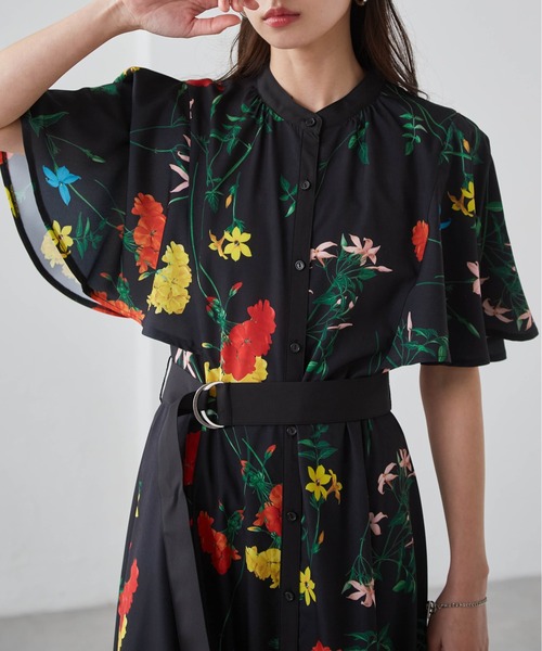 RANAN（ラナン） ワンピース 半袖 配色ボタニカルフレアースリーブ