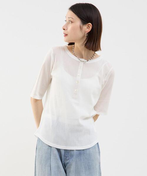 tシャツ コットンチュールヘンリーネック5分袖Tシャツ レディース