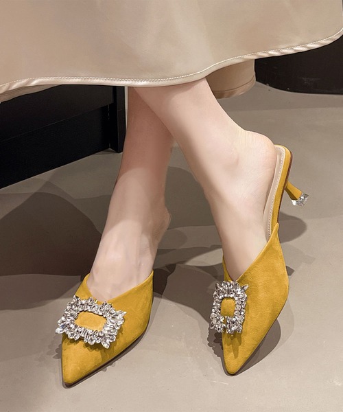 LOWO パンプス ビジュー ポインテッドトゥ ミュール パンプス サンダル