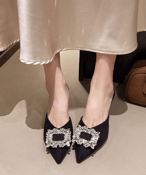 LOWO パンプス ビジュー ポインテッドトゥ ミュール パンプス サンダル