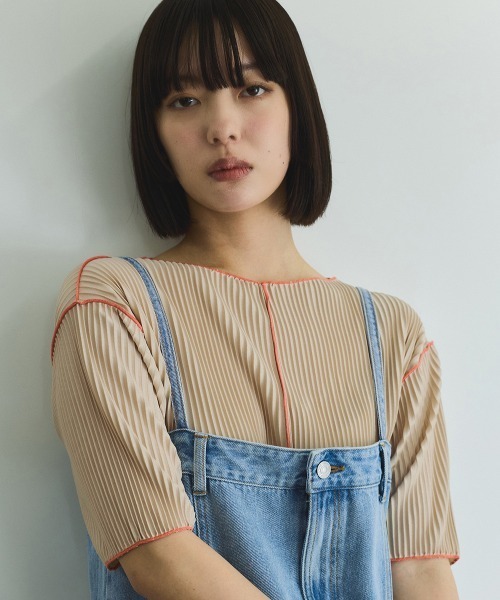 トップス _khxil7_ VICKY tシャツ メロー配色プリーツカットトップス「手洗い可能