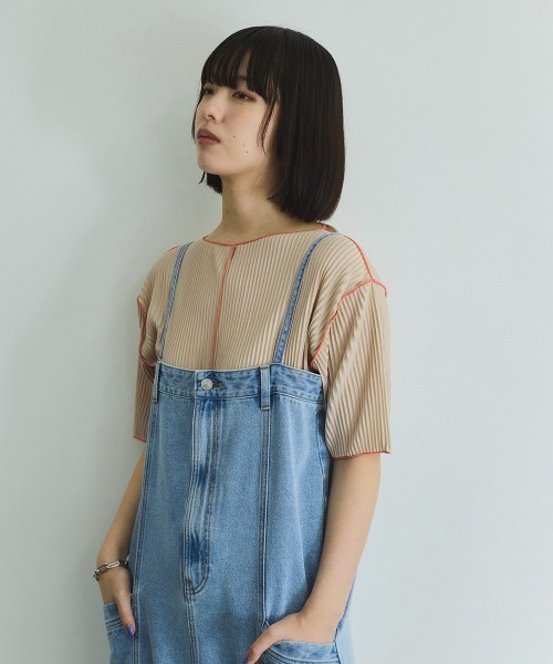 VICKY tシャツ メロー配色プリーツカットトップス「手洗い可能