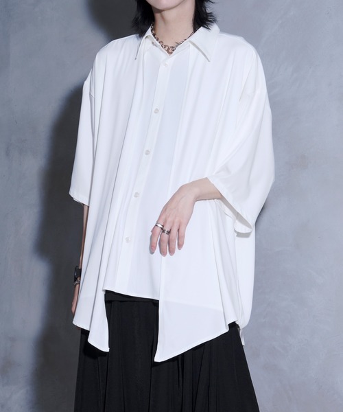 Ellno Loset シャツ 「黒色コラボ」ドレープアシメレイヤード