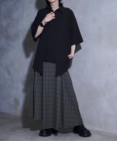 Ellno Loset シャツ 「黒色コラボ」ドレープアシメレイヤード