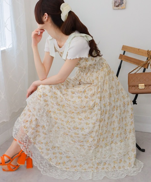 【美品】PAMEO POSE キャミワンピース フリル レース 白 小花柄 S gossip!ロサンゼルス ワンピース 小花柄レース アシンメトリー