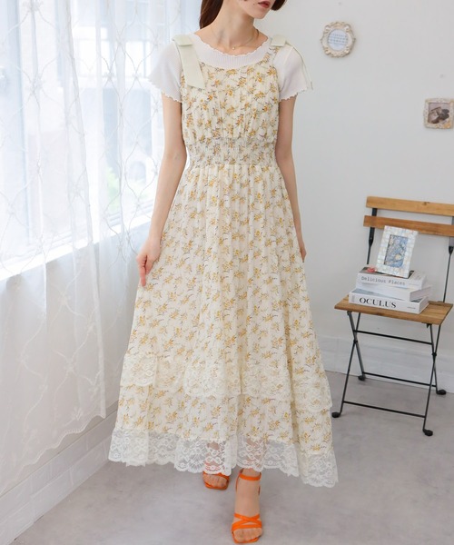 上品レース♡ロングワンピース　高級感　春夏デート　可愛いリボン pumpkin port ワンピース 肩リボン 花柄裾レースフリル キャミ