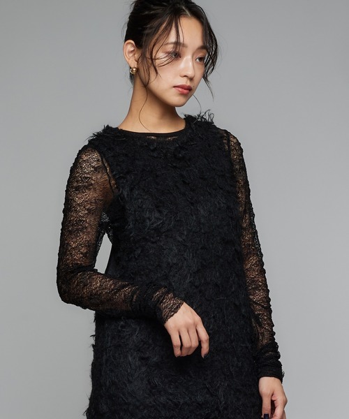 【Narcissus】シアーシャツＴ ブラック Narcissus（ナルシス） tシャツ レースロングスリーブトップス シアー