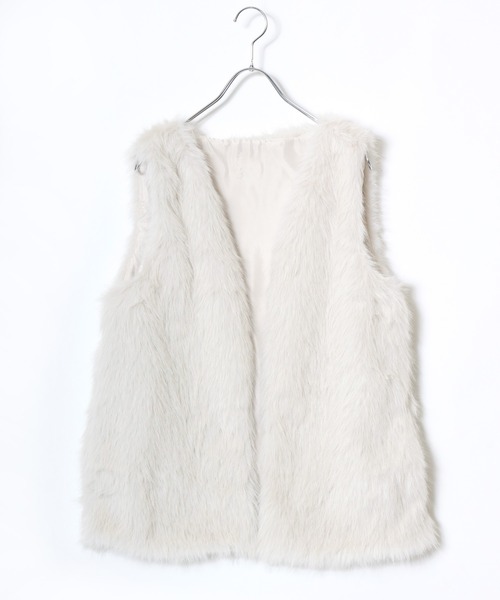 ベスト ジレ ミックスシャギー フェイクファーベスト レディース