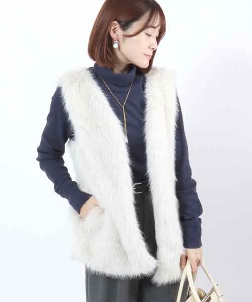 ベスト ジレ ミックスシャギー フェイクファーベスト レディース