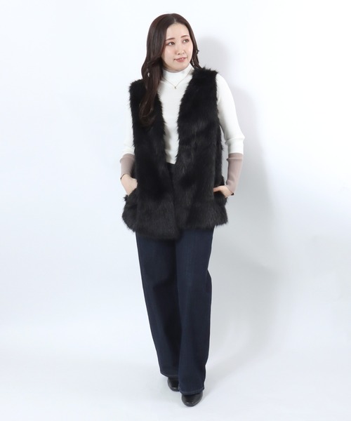 ベスト ジレ ミックスシャギー フェイクファーベスト レディース