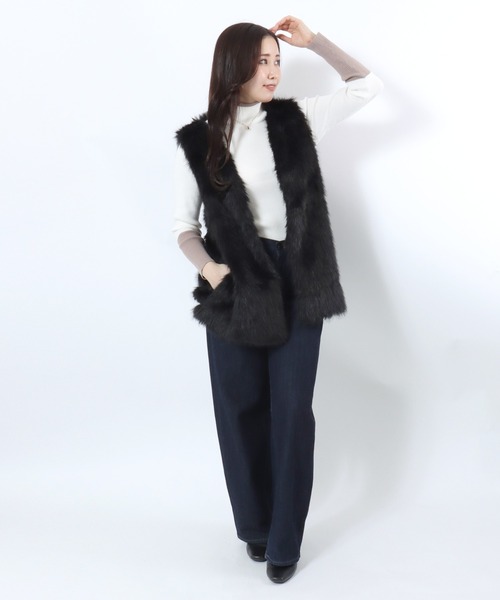 ベスト ジレ ミックスシャギー フェイクファーベスト レディース