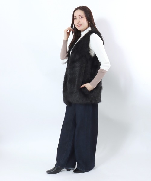 ベスト ジレ ミックスシャギー フェイクファーベスト レディース