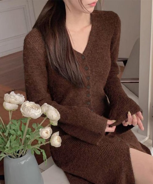 ★マメクロゴウチ　ニット　ロングワンピース　Ｖネック ☆マメクロゴウチ ニット ロングワンピース Vネック マメクロゴウチ