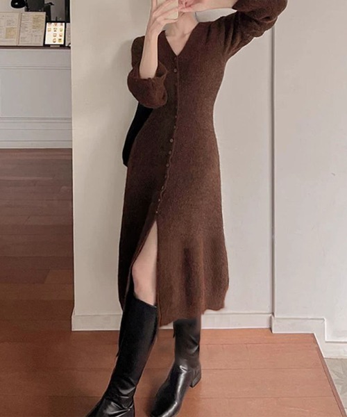★マメクロゴウチ　ニット　ロングワンピース　Ｖネック マメクロゴウチ】ミラノリブ Vネック ニットドレス (Mame Kurogouchi
