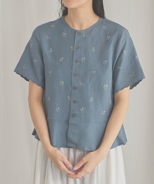 未使用タグ付 fig Ｌondon リネン刺繍襟アウター pansy 2.8万 fig London（フィグロンドン） リネンシャツ ブラウス シャツ 夏 半袖