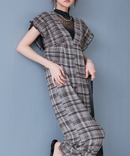 サロペット オーバーオール シアーチェック柄シャーリングVネック