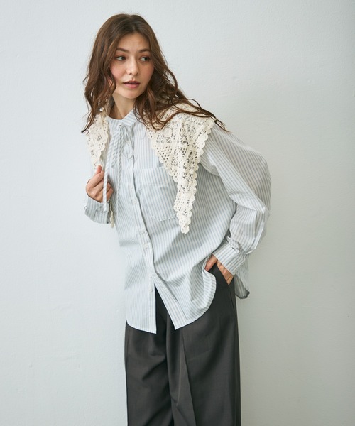 Lunea ブラウス シャツ バンドカラーストライプシャツ レディース