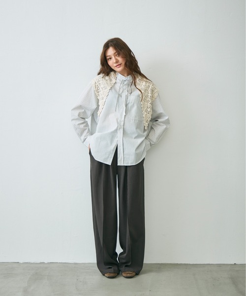 Lunea ブラウス シャツ バンドカラーストライプシャツ レディース