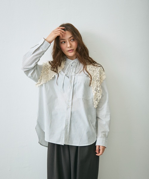 Lunea ブラウス シャツ バンドカラーストライプシャツ レディース