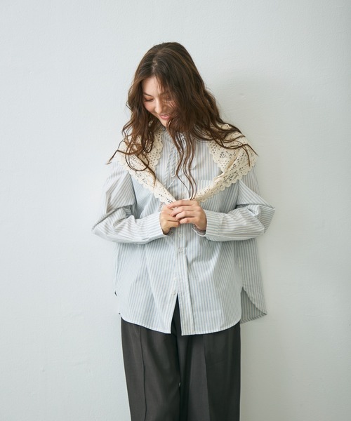 Lunea ブラウス シャツ バンドカラーストライプシャツ レディース