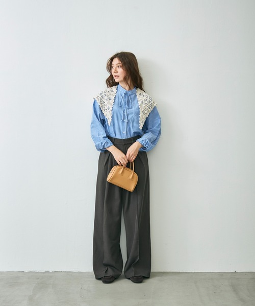 Lunea ブラウス シャツ バンドカラーストライプシャツ レディース