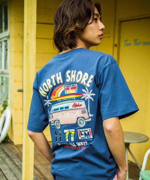 アロハシャツ tシャツ サーフバス柄切り貼りワッペンTシャツ メンズ