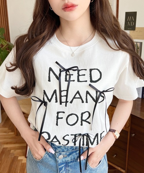 tシャツ リボン付きロゴプリント半袖Tシャツ レディース : ZOZOTOWN