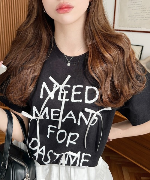 tシャツ 半袖 リボン付きロゴプリント半袖Tシャツ レディース