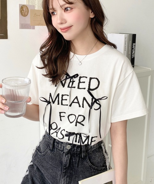 tシャツ リボン付きロゴプリント半袖Tシャツ レディース : ZOZOTOWN
