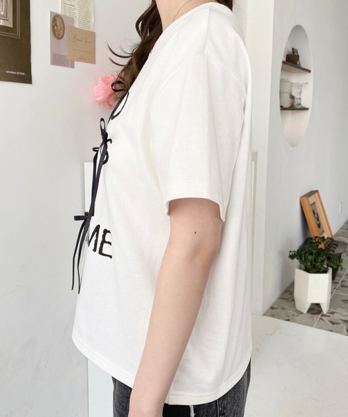 andmaryリボン付きホワイトブラック半袖Tシャツ ANDMARY】Samantha ribbon tops