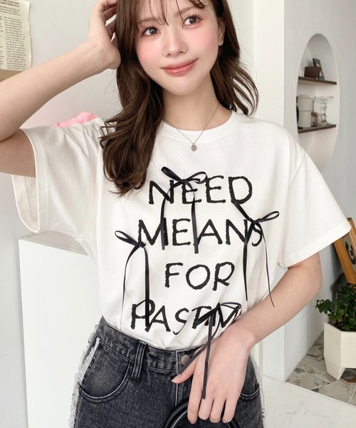 ANDMARY リボン付き半袖Tシャツ tシャツ リボン付きロゴプリント半袖Tシャツ レディース : ZOZOTOWN