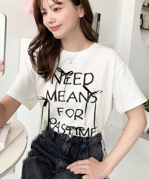 ANDMARY リボン付き半袖Tシャツ tシャツ リボン付きロゴプリント半袖Tシャツ レディース : ZOZOTOWN