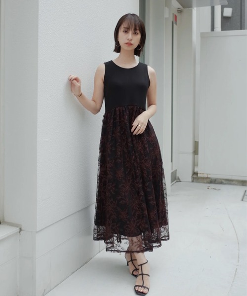 STRATA ワンピース クロスステッチ刺繍ドッキングワンピース「低身長 