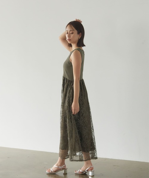 STRATA ワンピース クロスステッチ刺繍ドッキングワンピース「低身長 