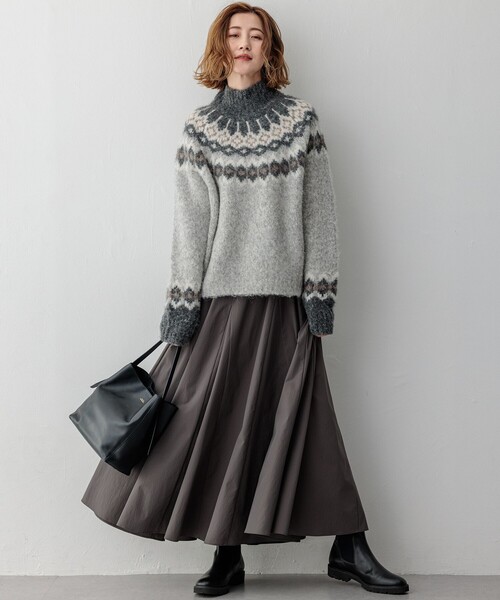 ニット セーター シャギージャガード タートルネック レディース